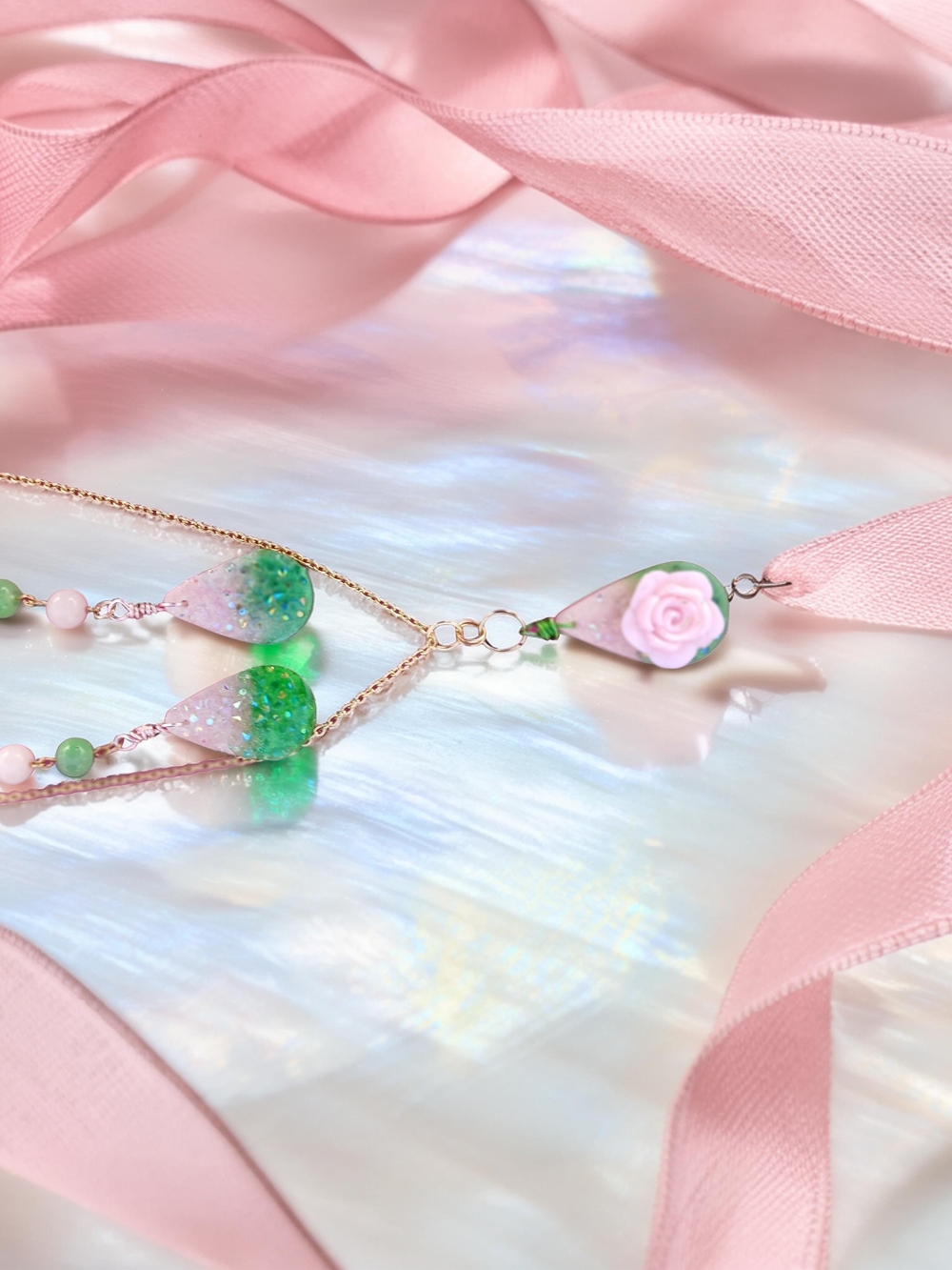 Delicate Pink & Green Rose Teardrop Necklace - Women Jewelry